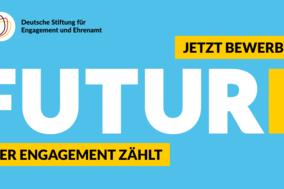 FUTURE Schriftzug auf blauem Grund mit dem Aufruf sich zu bewerben
