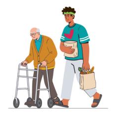 Ein alter Mann mit Rollator läuft neben einem jüngeren Mann, der seine Einkäufe trägt.
