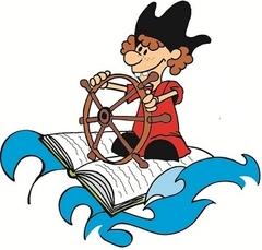 Comic-Kapitän mit Buch auf einer Welle