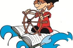 Comic-Kapitän mit Buch auf einer Welle