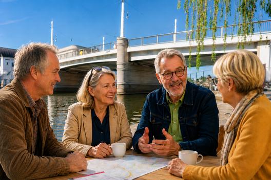 Zwei Frauen und Männer im Seniorenalter sitzen an einem Tisch mit der Jahrtausendbrücke im Hintergrund