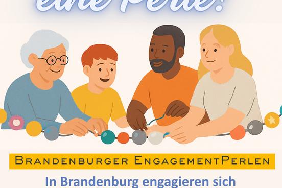 Menschengruppe fädelt Perlen auf